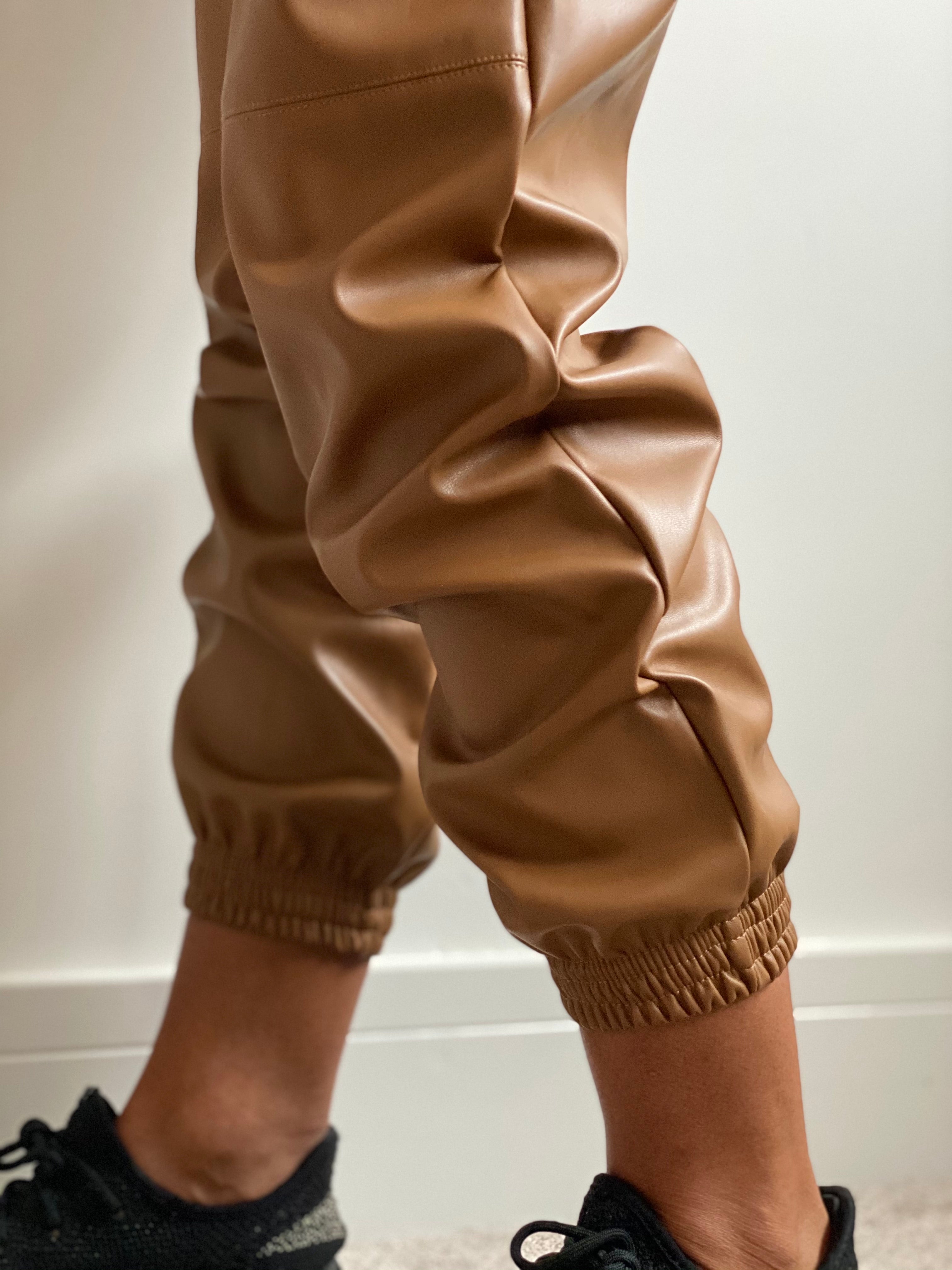 Faux Coffee Leather Jogging Bottoms
