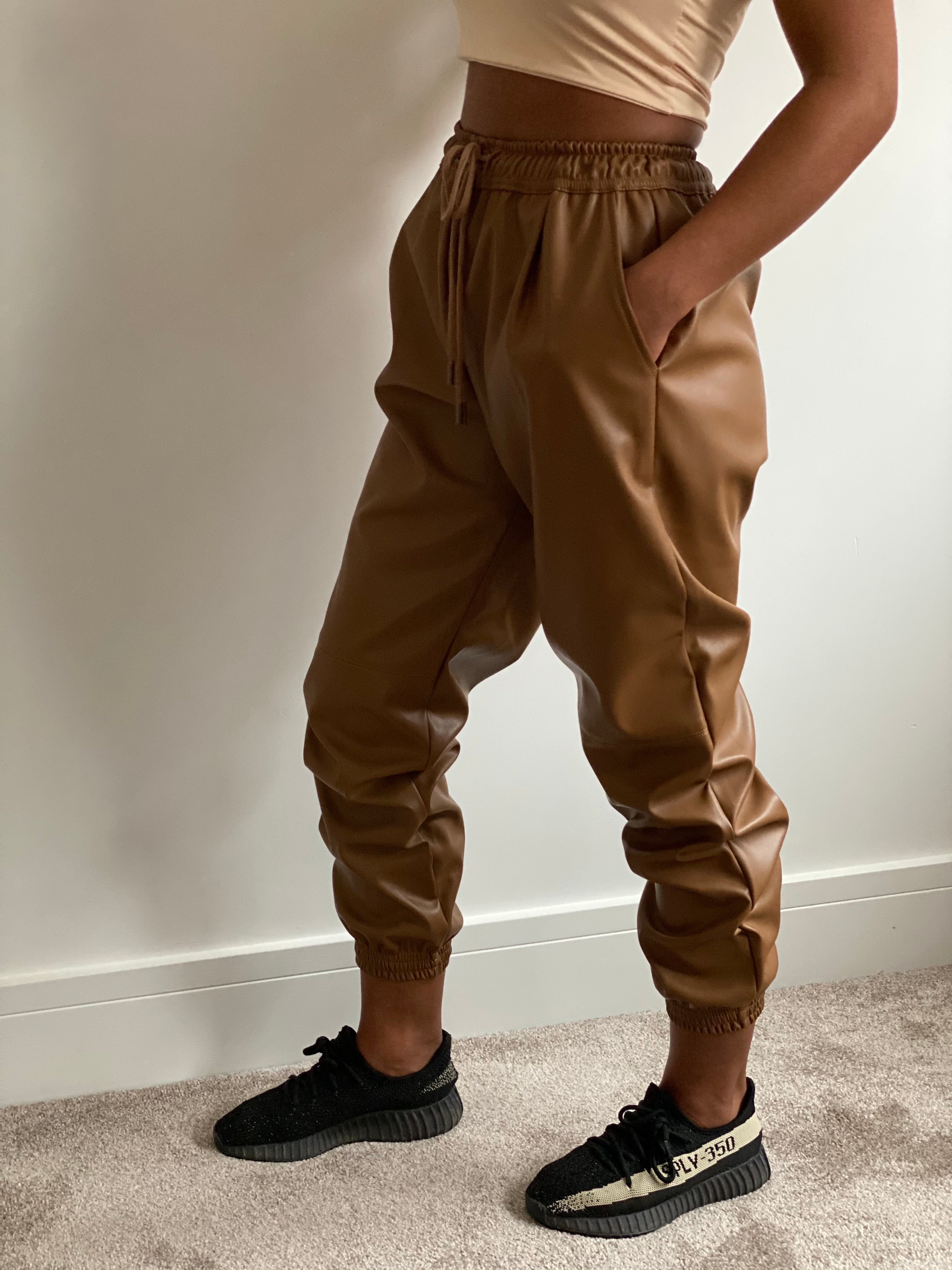 Faux Coffee Leather Jogging Bottoms