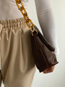 Faux Leather Chain Fold Over Bag in Brown
