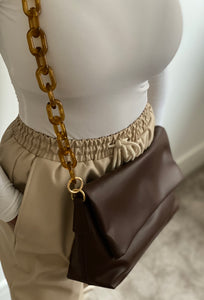 Faux Leather Chain Fold Over Bag in Brown