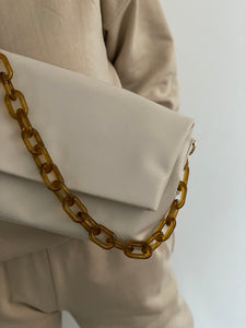Faux Leather Chain Fold Over Bag in Ivory