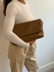 Faux Leather Chain Fold Over Bag in Tan