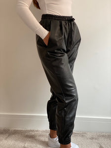 Black faux leather drawstring waist jogger best sale